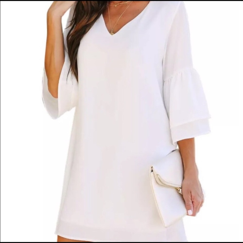 NWT Belongsci WHITE shift dress, ruffle sleeve, M